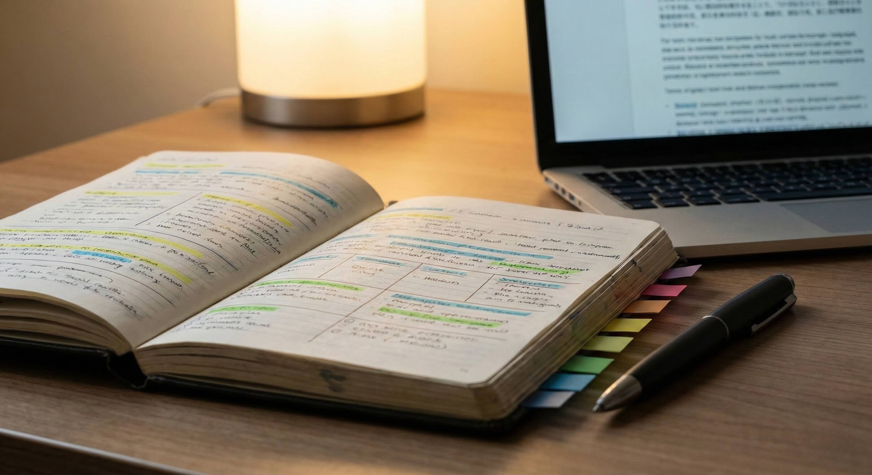 Professional translation practice workspace with structured notes and review materials